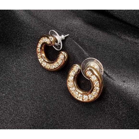 Vintage SWAROVSKI Gold-Tone Crystal Stud Earrings With Horseshoe Design & Clear - Picture 3 of 5